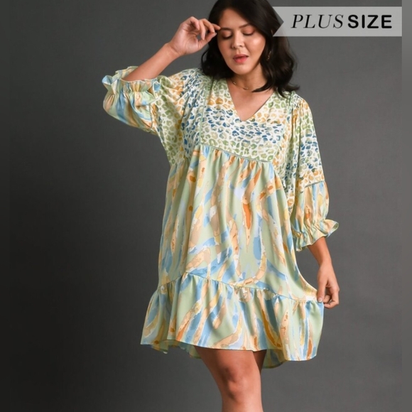 Umgee Dresses & Skirts - Umgee Mixed Patterns Watercolor Dress